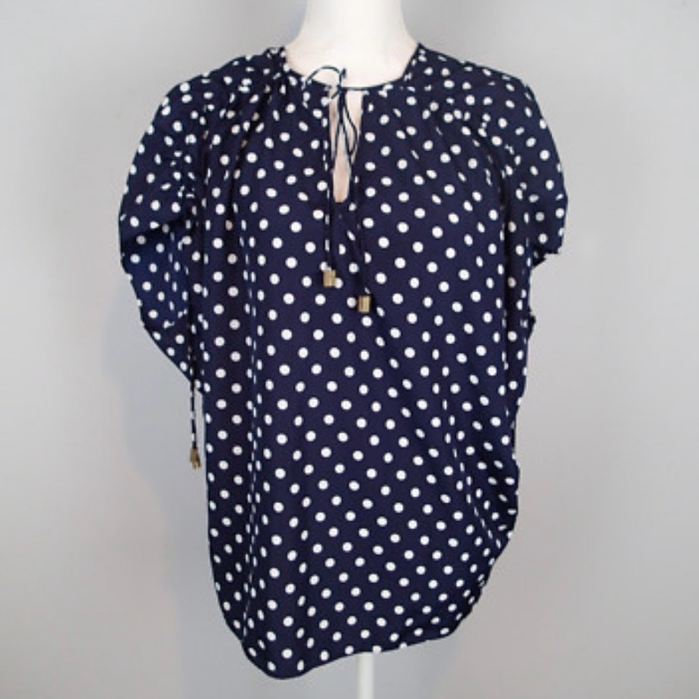 Vince Camuto Navy Blue and White Polka Dot Short Sleeve Blouse